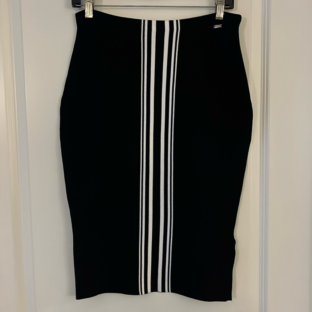 St. John Black Pencil Skirt with White Vertical Stripes at Center